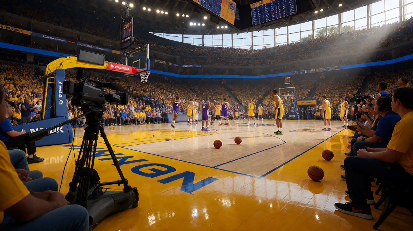 NBA比赛现场，湖人队与勇士队激烈对抗