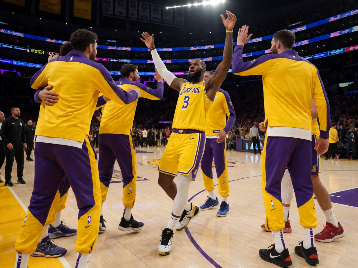 NBA季后赛湖人队晋级关键时刻球员庆祝